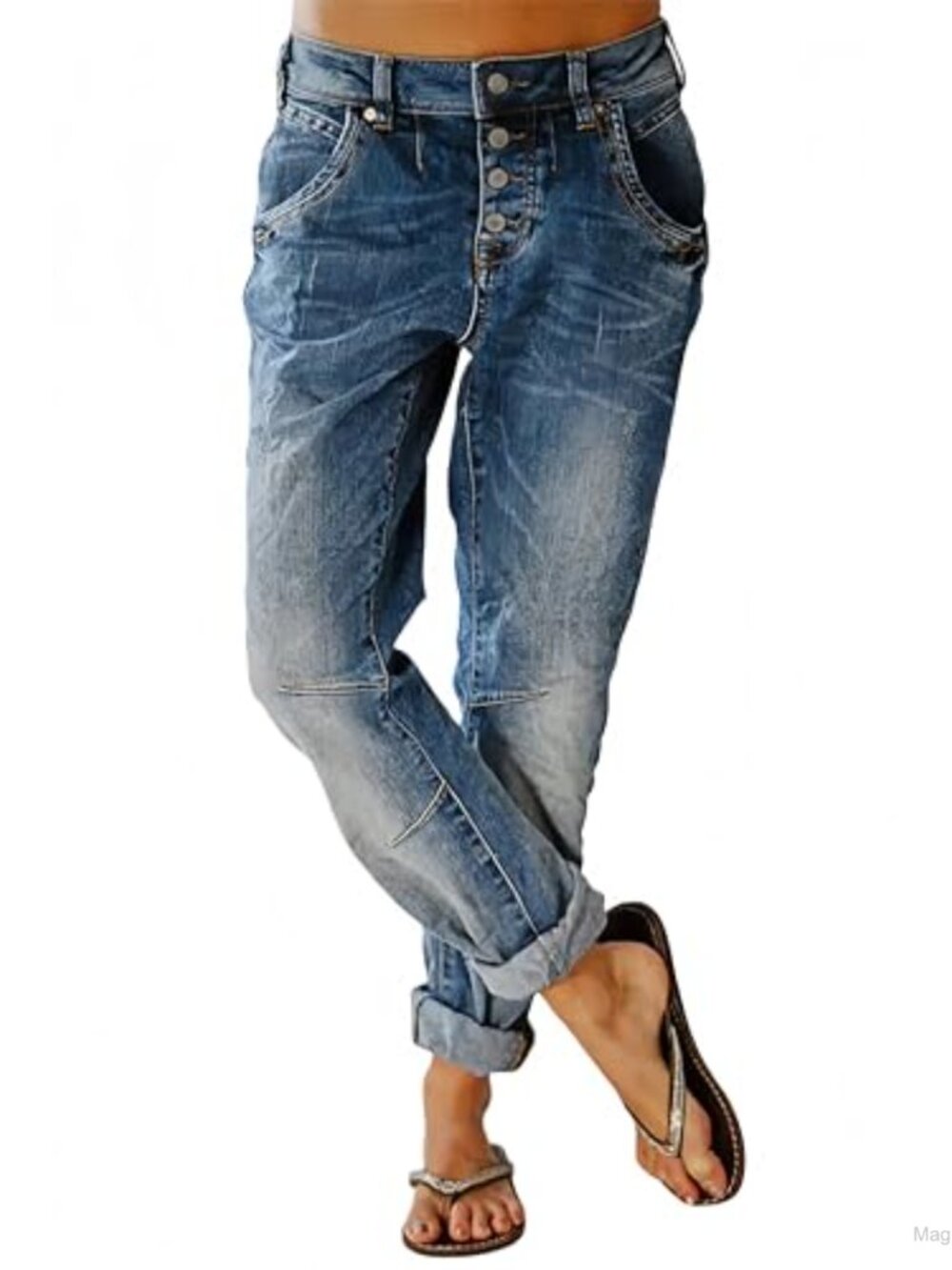 Women's Vintage Distressed Boyfriend Jeans Relaxed Fit Button Fly Straight Leg